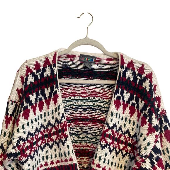 Vintage White Maroon Fair Isle Cardigan Womens Sz Large 80s Cottage Christmas - Picture 6 of 16